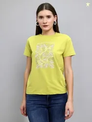 Allen Solly Women Printed Crew Neck Pure Cotton Yellow T-Shirt