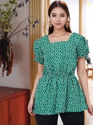 Tulip Eden Women Floral Printed Puff Sleeve Smocked Peplum Top