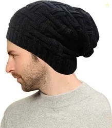 Men's Winter Woolen Beanie Cap with Fur Inside Slouchy Black Color (Pa