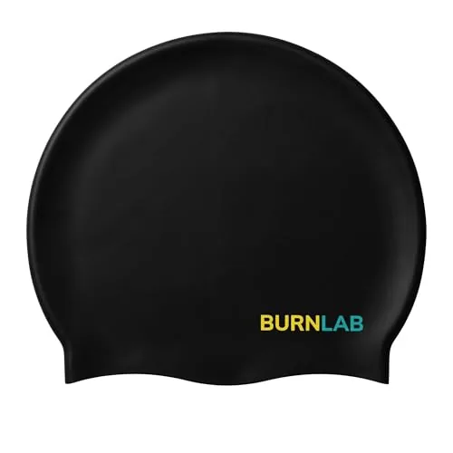 Burnlab Silicone Swimming Cap for Pool Training and Daily Use, Comfortable Stretch Fit, Adult (Black Small Word)