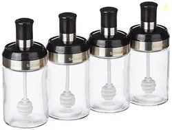 Amazon Brand - Solimo Borosilicate Glass Sauce Jar with Dipper, Set of 4 (250 Ml Each),Black