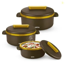 MILTON Micronova Jr. Gift Set Inner Stainless Steel Casserole Set of 3 (380 ml, 775 ml, 1345 ml), Dark Brown, BPA Free, Food Grade, Hot and Cold, Microwaverable Steel, Dishwasher Safe, Chapati, Roti