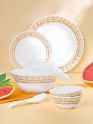 Larah by BOROSIL Jupiter Halo Silk Series White Ethnic Motifs Opalware Microwave Safe 34 Piece Dinner Set (Onesize) by Myntra