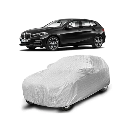 Sulfar 100% Waterproof Car Body Cover Compatible with Mirror for BMW 1 Series with Long Lasting Durable Material (Triple Stitched, Full Bottom Elastic, Metallic Silver)