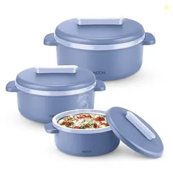 MILTON Micronova Jr. Gift Set Inner Stainless Steel Casserole Set of 3 (380 ml, 775 ml, 1345 ml), Light Blue, BPA Free, Food Grade, Hot and Cold, Microwaverable Steel, Dishwasher Safe, Chapati, Roti