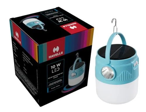 Havells Solar Lighthouse NXT 10W| 360° Light Distribution| 4000 mAh Lithium-Ion Rechargeable Battery| 2 Light Modes| Torch - Usage up to 7 Hours Multi-Function Canopy Light for Camping & Marketplace