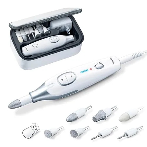 Beurer MP 42 German EngineeringI Manicure Pedicure Kit for women I German Engineering I Electric Nail File with 7 Sapphire & Felt Attachments I For filing, shaping, buffing, callus removal, and polishing I Used for special nail care needs I LED Precision Light I Adjustable Speed (2500-4600 RPM) I Dust Protection Cap & Storage Bag I 3-Year Warranty I White in color