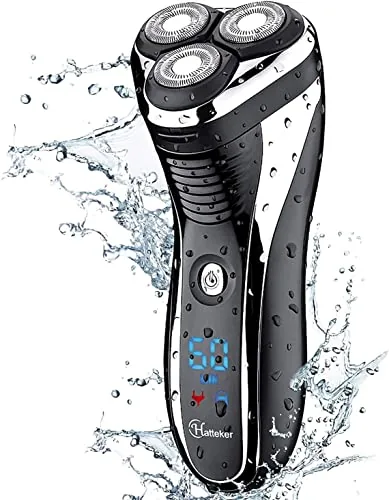 Hatteker Men's USB Rechargeable Electric Shaver Cordless Rotary Wet and Dry Beard Pop-Trimmer, Black