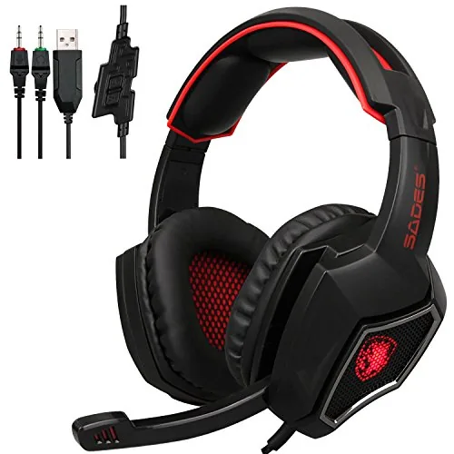 BigPlayer SADES Spirit Wolf 3.5mm Wired Stereo Gaming Headset Headband Headphones with Microphone Deep Bass Over-The-Ear Noise Isolating Volume Control LED Lights for PC Gamers (Black Red), 1, red and black