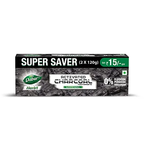 DABUR Herb'L Activated Charcoal Toothpaste 240G (120G x2, Pack of 2) | Whitening Black Gel Toothpaste | Fluoride Free | Fights Plaque & Extrinsic Stains | With Power of Mint | Cool & Refreshing Mouth Experience