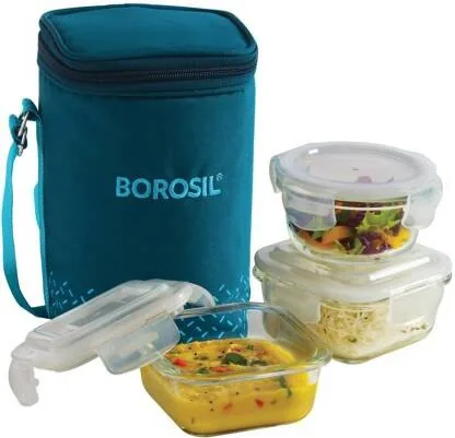 BOROSIL Teal Bag, 3 Pc (320 ml x 2 + 240ml x 1 ), Office Tiifin 3 Containers Glass Office Lunch Box 880 ml