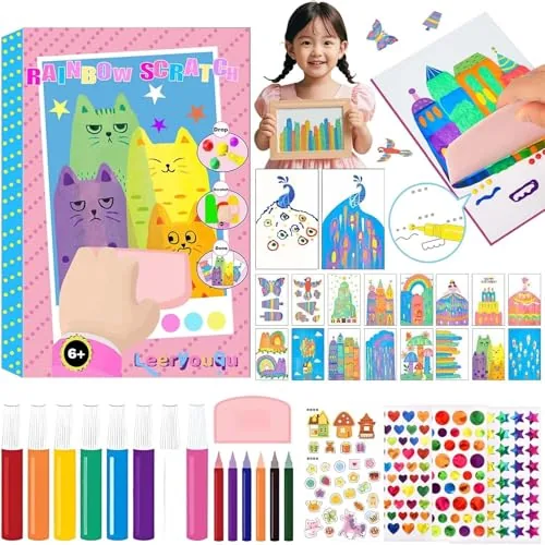SUPER TOY Rainbow Scratch Art Squeeze Dot Painting Kit for Kids, Rainbow Scratch Magic Paper DIY Postcard Activity Set, Magic Dot Scratch Painting Gifts for Girls and Boys