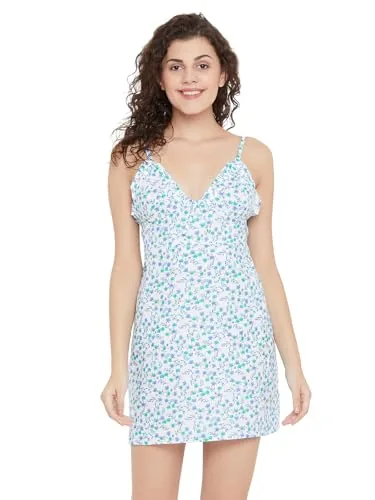 Clovia Women Cotton Printed Nighty, White, M