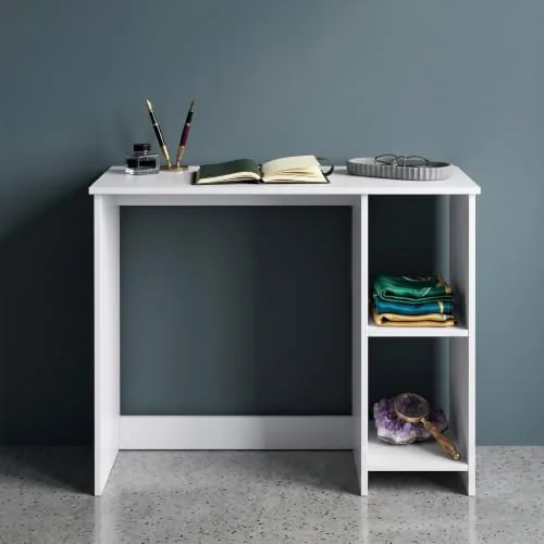 Andca Luna Compact Study Table & Vanity Desk with 2-Tier Side Shelves - Modern Space-Saving Workstation for Bedroom | Premium Engineered Wood, Frosty White (80 x 40 x 75 cm)