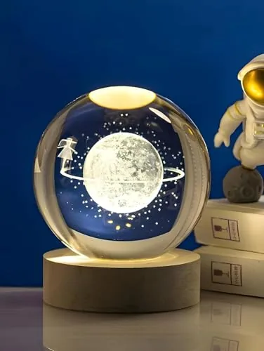 Desidiya Big Moon Fairy 3D Crystal Ball Night Light with Wooden Base - LED USB Table Lamp for Kids, Teens, and Home Decor