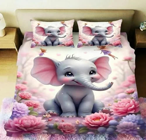 Home Sizzler Premium 7D Kids Soft Microfiber Double Bedsheet with 2 Pillow Covers - Soft, Breathable, Cute 3D Baby Elephant & Pink Floral Fairy Print