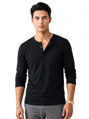 BULLMER Men’s Trendy Full Sleeve Henley Neck T-Shirt | Cotton Blend Solid Casual Tee | Stylish Menswear for Everyday | Sizes S to 2XL - Pack 1 Black
