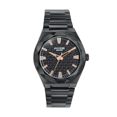 Sonata Poze 9 with Quartz Analog Black Dial IP Black Sheet Metal Strap Watch for Men - SP70113NM01W
