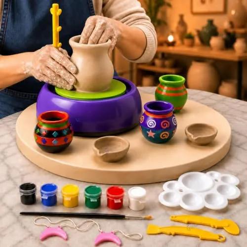 GRAPHENE Pottery Wheel Clay DIY Kit for Kids Battery Operated Pottery Making Kit & Painting Set Modeling Clay Sculpting Tools Paints Arts & Crafts Birthday Gift Creative Toys Girls & Boys 7-14 Yrs
