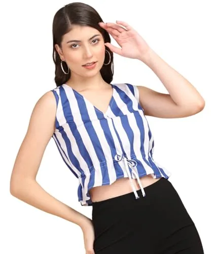 POPWINGS Women Casual Bue & White Stripe Printed Crop Top