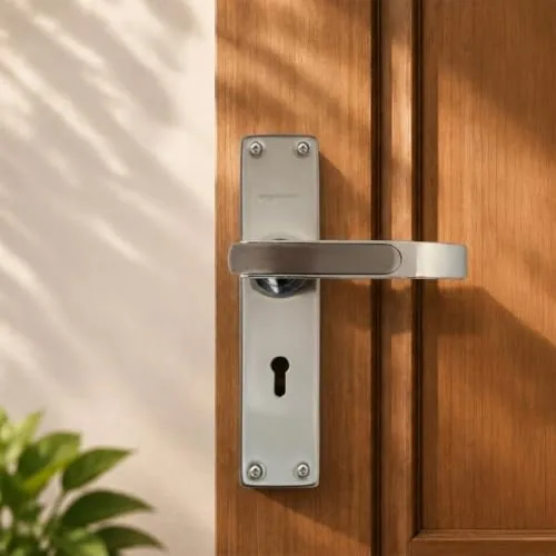 Amazon Basics Mortise Door Lock Handle Set | BIS Certified Brass Lock Body | Auto-Retraction Mechanism | Suitable for Left & Right Handed Doors | Satin Steel Finish | Includes 3 Keys