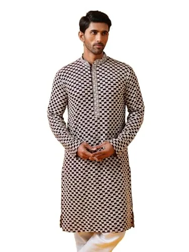 SOJANYA (Since 1958 Men's Cotton Rayon Sequinned Cheeku Thread Embroidered Wine Long Kurta