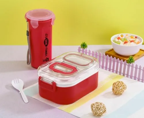 KYMIO Lunch Box with Water Bottle Set for Office & School, Leak Proof Plastic Tiffin Box with Compartments, BPA Free Food Storage Container for Kids & Adults, Microwave Safe Meal Box