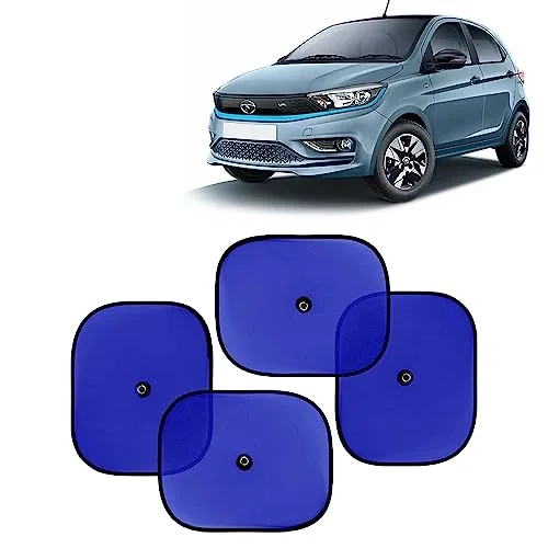 KINGSWAY Car Window Curtain Sticky Sun Shades Compatible with Tata Tiago EV, (Year 2023 Onwards), Universal Fit Sunshades for Side Window, Rear Window, Blue Color, 4 Pieces