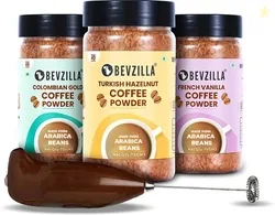 Bevzilla Instant Coffee 75 grams x 3 Jars Combo with Electric Frother Instant Coffee (3 x 75 g, Hazelnut, Unflavoured, Vanilla Flavoured)