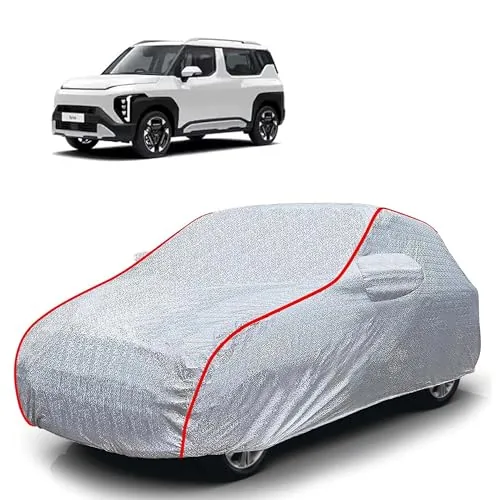 Sulfar 100% Waterproof Car Body Cover Compatible with Mirror for Kia Syros (Triple Stitched, Full Bottom Elastic, Magic Silver with Red Piping)