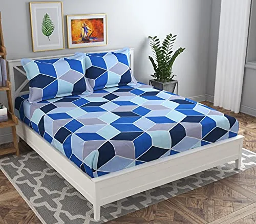 BSB HOME Premium Double Bedsheet with 2 Pillow Covers - 160 TC Supersoft Glace Cotton - Breathable & Wrinkle Free - 3 Pcs Set | Light Grey & Yellow Striped