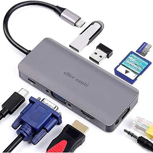 eller santé® USB C Hub Hyperion 9IN1 Type C Hub, 4K HDMI Output, USB 3.0, SD/Micro SD Card Reader, VGA, Ethernet & Audio Jack for MacBook Pro, MacBook Air, and Other Type-C Enabled Device (Grey)