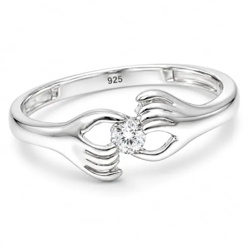 KYAT 925 Sterling Silver Hugging Hands Ring for Women | Round CZ Stone Holding Hands Finger Ring | Elegant Love Symbol Fine Jewellery for Daily Wear, Anniversary, Birthday & Gifting