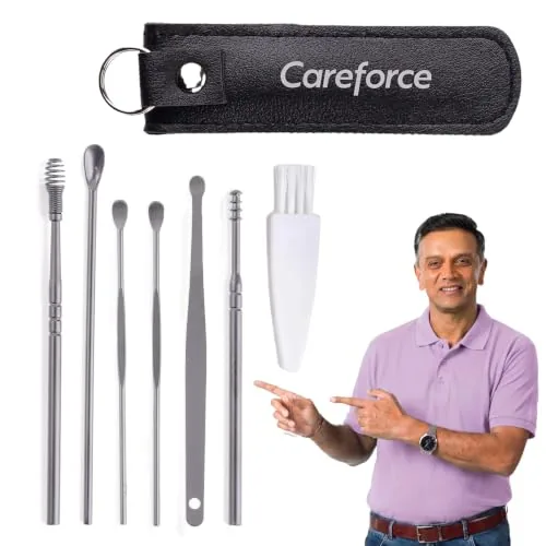 Careforce Ear Wax Cleaner - Resuable Ear Cleaner Tool Set with Storage Pack - Ear Wax Remover Tool Kit with Ear Curette Cleaner and Spring Ear Buds Cleaner 6 Pcs Set Silver