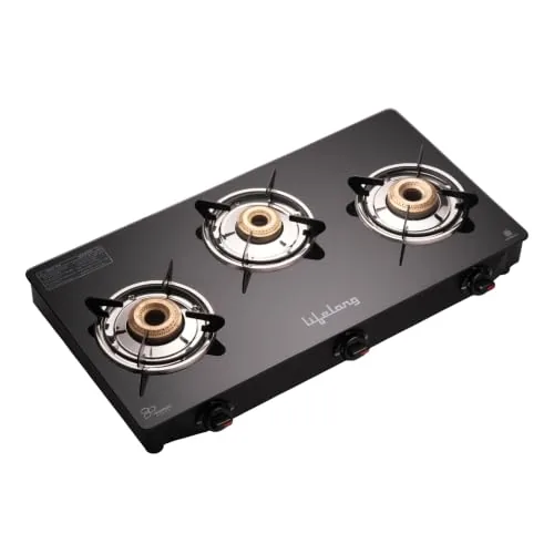 Lifelong 3 Burner Gas Stove Top for Kitchen - Brass Burner Manual Ignition Cooktop Modern Glass Stove for Modular Kitchen, ISI Certified & Compatible with LPG - 1 Year Manufacturer's (Black, LLGS003)