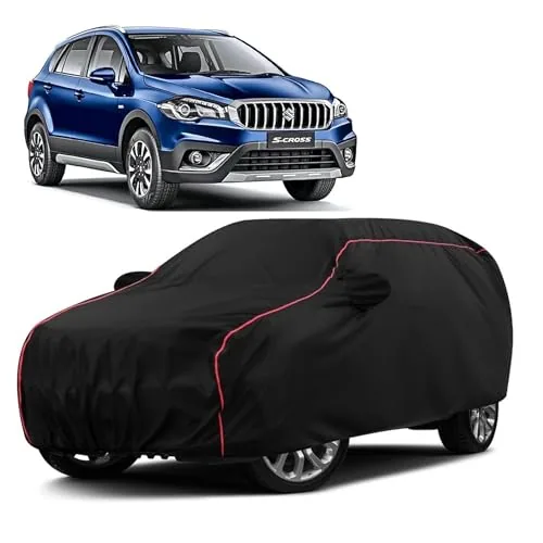 Sulfar 100% Water Resistant Car Body Cover Compatible with Mirror for Maruti Suzuki SCross (Triple Stitched, Full Bottom Elastic, Black with Red Piping)