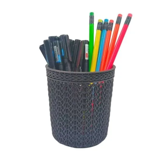 Black Olive Pen & Pencil Organiser Stand for Desk - Plastic Round Shaped Net Storage Box & Organiser for Office, Home, Dressing Table & Study Table, Perfect Stationery Holder for Kids & Adults(Q-1)