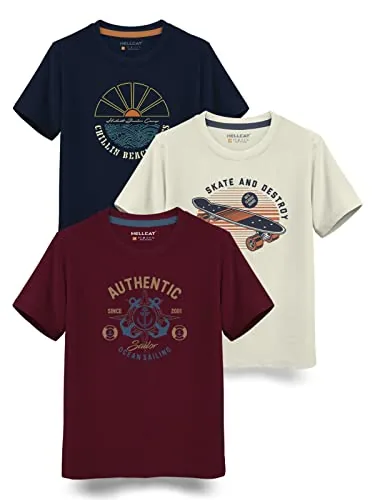 HELLCAT Trendy Typographic Printed Cotton Blend Half Sleeve Regular Fit T-Shirt For Boys - Pack Of 3 / Burgundy & Beige & Navy Blue / 11-12 Years