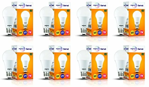 Wipro Garnet 7W LED Bulb for Home & Office |Warm White (2700K) | E27 Base|220 degree Light coverage |4Kv Surge Protection |400V High Voltage Protection |Energy Efficient | Pack of 8