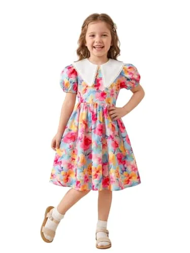 TAGAS Girls Floral Frock Dress with Bow | Sleeveless Princess Dress with Front Pockets | Elegant Birthday, Wedding Dress for Girls Multicolour