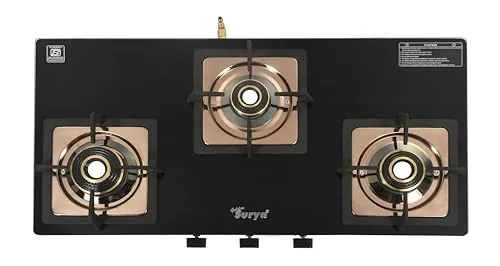 Golden Surya CXJ 32 SS Desire 3 Burner Gas Stove | Forged Brass Burners | Rose Gold Stainless Steel Body | Toughened Glass Top | Manual Ignition | ISI Certified | 18 Months Warranty