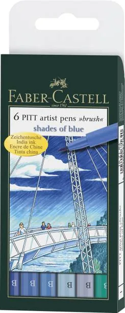 FABER-CASTELL India Ink Pitt Artist "B" Blue Brush Pens (Set of 6, Multicolor)