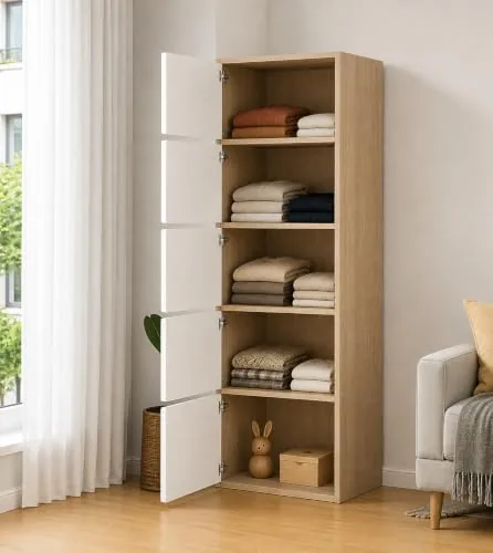 EXVITO Modular Plastic Wardrobe for Bedroom | Foldable Cupboard with Hanging Rod | Stackable Storage Almirah for Clothes with Wheels | Multi-Layer Plastic Storage Cabinet (Apple, 5 Door)