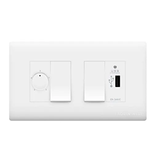 Wipro Northwest (Nowa) Switch Combo of 4M Plate + 1M 6A Switch x2 + USB Charger + 4 Step Fan Regulator, White (Kit 10)