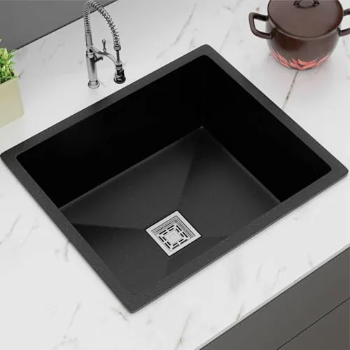 Gloxy Premium Quartz Granite Single Bowl Kitchen Sink 24x18x9 Inches - Black Matte FInish Quartz Sink For Kitchen With Coupling Hose Pipe and Drainer Basket - Undermount/Topmount - 3 Years Warranty
