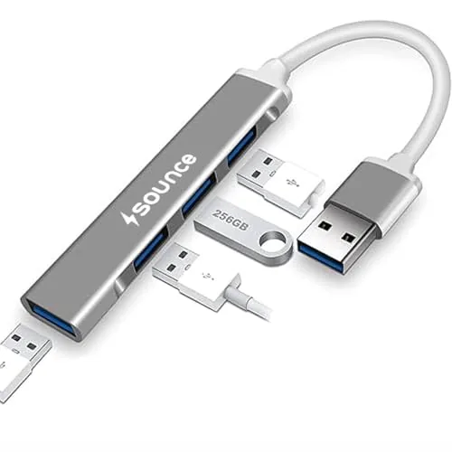 Sounce 4-Port USB 3.0 Hub for PC – High-Speed Aluminum USB Hub Compatible with PC, MacBook, Mac Pro, Mac mini, iMac, Surface Pro, and XPS. 4-Port High Speed USB Hub with Aluminium Shell
