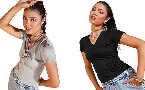 POPWINGS Casual Solid V-Neck Short Sleeves Summer Wear Tops Combo for Women Grey Black