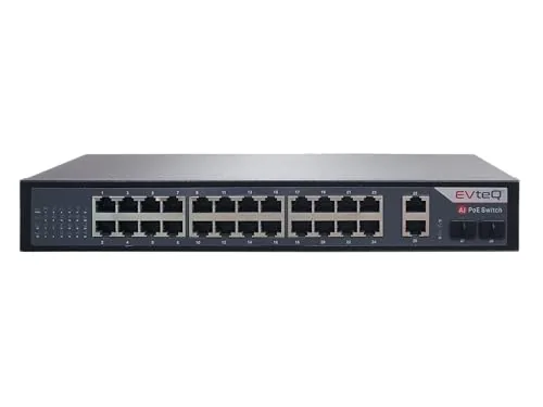 EVteQ 24-Port Gigabit PoE Switch with 2 Uplink Ports & 2 SFP Slots | IEEE 802.3af/at | AI Watchdog | Extend Mode | 6KV Lightning Protection | Metal Body | Fanless Low Power Design