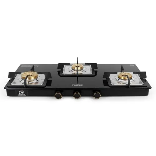 Tower Gas Stove 3 Burner 8mm Toughened Glass Brass Valves Lpg Black