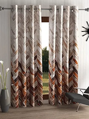 Home Sizzler 2 Pieces Geometrical Panel Eyelet Polyester Window Curtains - 6 Feet, Brown